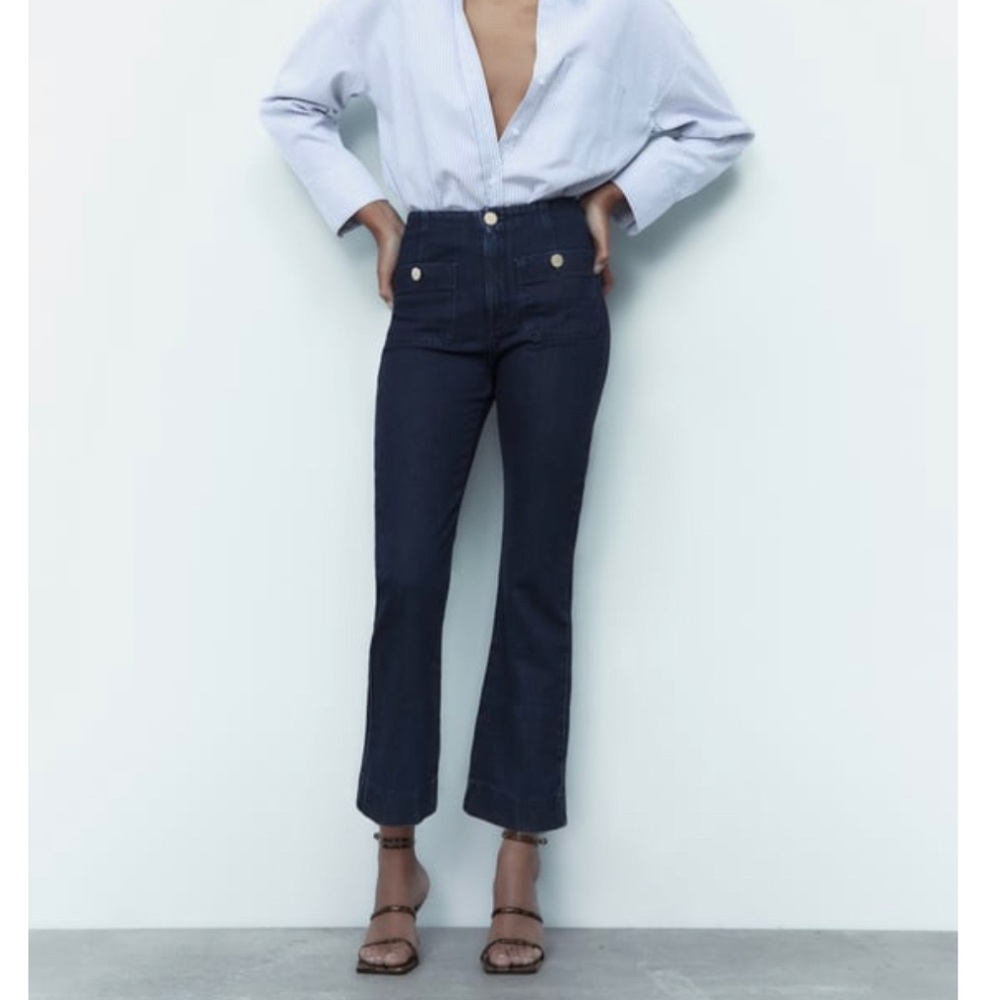 Zara Jeans - HIGH RISE MINI FLARE GOLD BUTTON JEANS - BLUE - Never worn
